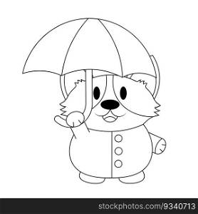 Cute Corgi with umbrella and raincoat in black and white