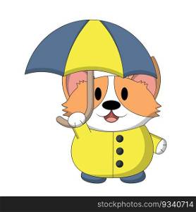 Cute Corgi with umbrella and raincoat in color