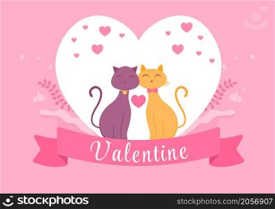Cute Couple Animal Cat Happy Valentine&rsquo;s Day Flat Design Illustration Which is Commemorated on February 17 for Love Greeting Card