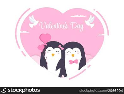 Cute Couple Animal Penguin Happy Valentine&rsquo;s Day Flat Design Illustration Which is Commemorated on February 17 for Love Greeting Card