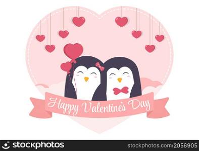 Cute Couple Animal Penguin Happy Valentine&rsquo;s Day Flat Design Illustration Which is Commemorated on February 17 for Love Greeting Card
