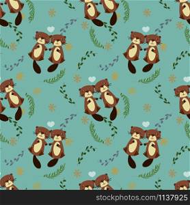 Cute couple beaver seamless pattern. Lovely animal in Valentine concept.