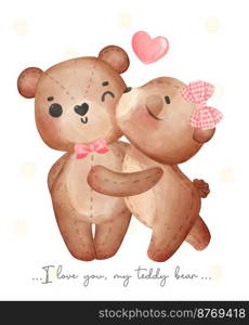 cute couple brown teddy bears, girl kisses boy, Happy Valentine, adorable cartoon watercolor hand drawn vector illustration