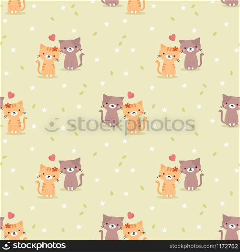 Cute couple cat and heart seamless pattern. Cute animal in Valentine concept.