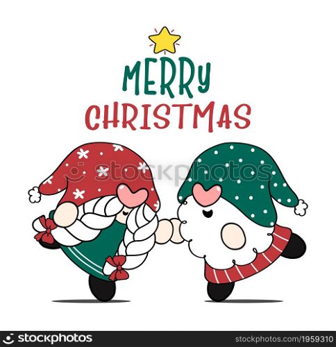 cute couple Christmas Gnome boy and girl dancing, Merry Christmas greeting card idea, cartoon doodle flat vector
