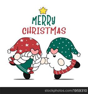 cute couple Christmas Gnome boy and girl dancing, Merry Christmas greeting card idea, cartoon doodle flat vector