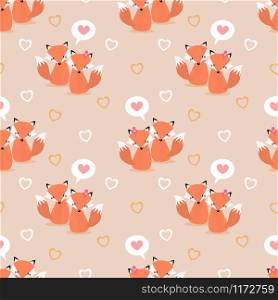 Cute couple fox and heart seamless pattern. Lovely couple in Valentine concept.