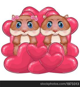 Cute couple hamster and heart, cartoon hamster characters, funny animal in flowers. Cute couple hamster and heart, cartoon hamster characters, funny animal in flower