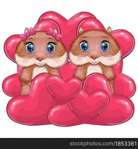Cute couple hamster and heart, cartoon hamster characters, funny animal, st.valentine day card. Cute couple hamster and heart, cartoon hamster characters, funny animal in flower