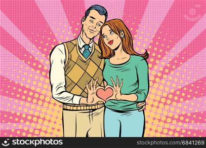 Cute couple, hand gesture a heart of love. Pop art retro vector illustration drawing. Cute couple, hand gesture a heart of love