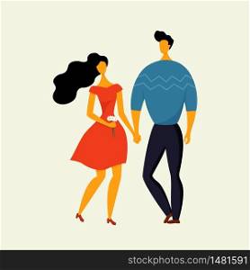 Cute couple holding hands. Man and woman enjoying love and companionship. Girl with flowers. Flat vector illustration.