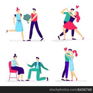 Cute couple in love, people having romantic relationships. Man diving flowers to girl, male character making marriage proposal with engagement ring, adults dancing vector vector set. Cute couple in love, people having romantic relationships. Man diving flowers to girl, male character making marriage proposal