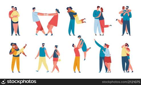 Cute couple in love, young people in romantic relationships. Characters on date, couples dating, hugging or walking together vector set. Man and woman having anniversary celebration. Cute couple in love, young people in romantic relationships. Characters on date, couples dating, hugging or walking together vector set