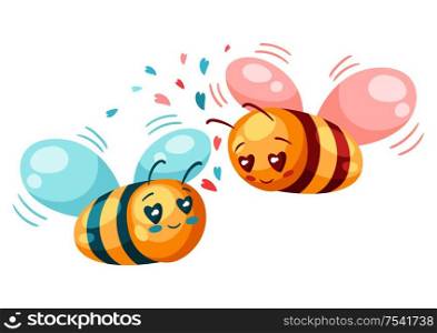 Cute couple of bees in love. Valentine Day greeting card. Illustration of kawaii characters with eyes hearts.. Cute couple of bees in love. Valentine Day greeting card.