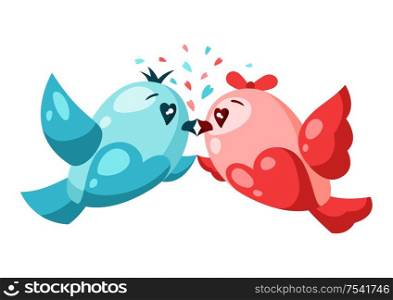Cute couple of birds in love. Valentine Day greeting card. Illustration of kawaii characters with eyes hearts.. Cute couple of birds in love. Valentine Day greeting card.