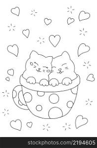 Cute couple of cats in a cup. Coloring book page for kids. Valentine&rsquo;s Day. Cartoon style character. Vector illustration isolated on white background.