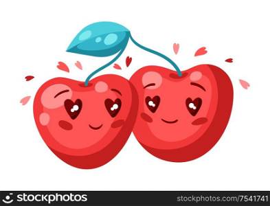 Cute couple of cherries in love. Valentine Day greeting card. Illustration of kawaii characters with eyes hearts.. Cute couple of cherries in love. Valentine Day greeting card.