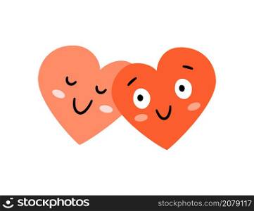 Cute couple of hearts kawaii characters. Hand drawn pair of hearts. Symbol of love. Vector illustration isolated on white background.. Cute couple of hearts kawaii characters. Hand drawn pair of hearts. Symbol of love. Vector illustration isolated on white background