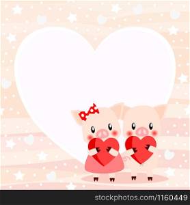 Cute couple pig in Valentine&rsquo;s Day background. Lovely animal in love concept.