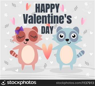 Cute couple raccoon in Valentine background.