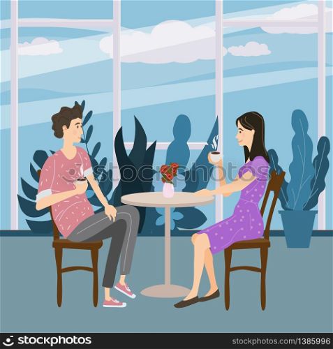 Cute couple sitting at table, drinking tea or coffee and talking in cafe. Cute couple sitting at table, drinking tea or coffee and talking cafe. Young man and woman romantic relationship. Male female characters. Vector illustration flat cartoon