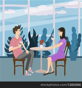 Cute couple sitting at table, drinking tea or coffee and talking in cafe. Cute couple sitting at table, drinking tea or coffee and talking cafe. Young man and woman romantic relationship. Male female characters. Vector illustration flat cartoon