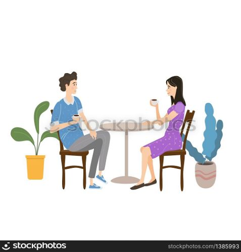 Cute couple sitting at table, drinking tea or coffee and talking in open air cafe. Cute couple sitting at table, drinking tea or coffee and talking in open air cafe. Young man and woman romantic relationship. Male female characters. Vector illustration flat cartoon