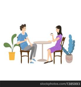 Cute couple sitting at table, drinking tea or coffee and talking in open air cafe. Cute couple sitting at table, drinking tea or coffee and talking in open air cafe. Young man and woman romantic relationship. Male female characters. Vector illustration flat cartoon