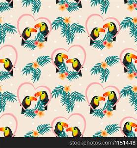 Cute couple toucan seamless pattern. Lovely animal in Valentine concept.