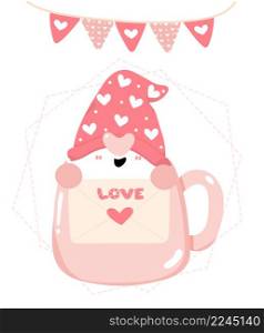 cute couple Valentine Gnomes in pink lovely cup of love heart shape coffee flat vector cartoon illustration
