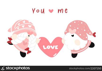 cute couple Valentine Gnomes in relationship holding heart with love text, flat vector cartoon hand drawn.
