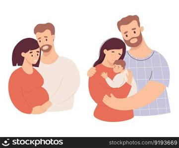 Cute couple with pregnant woman and pair with newborn baby. Happy family. Isolate vector illustrations in flat style. Future parents, pregnancy motherhood, parenthood concept