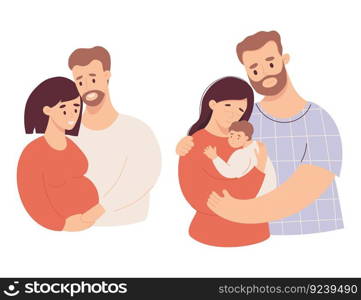 Cute couple with pregnant woman and pair with newborn baby. Happy family. Isolate vector illustrations in flat style. Future parents, pregnancy motherhood, parenthood concept