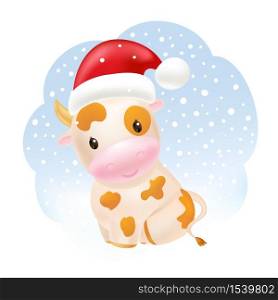 Cute cow in Santa hat, awesome little bull sitting. 2021 Chinese symbol. Soft pastel colours. Cartoon sweet style. . Vector illustration
