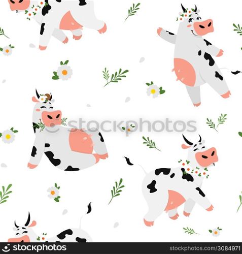 Cute cow pattern. Seamless texture with funny animal character in different poses with glass of milk. Vector illustration textile pattern with emotional dreams cow in spots. Cute cow pattern. Seamless texture with funny animal character in different poses with glass of milk. Vector textile pattern with cow