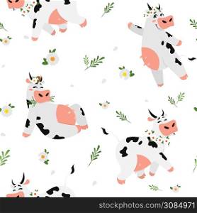 Cute cow pattern. Seamless texture with funny animal character in different poses with glass of milk. Vector illustration textile pattern with emotional dreams cow in spots. Cute cow pattern. Seamless texture with funny animal character in different poses with glass of milk. Vector textile pattern with cow