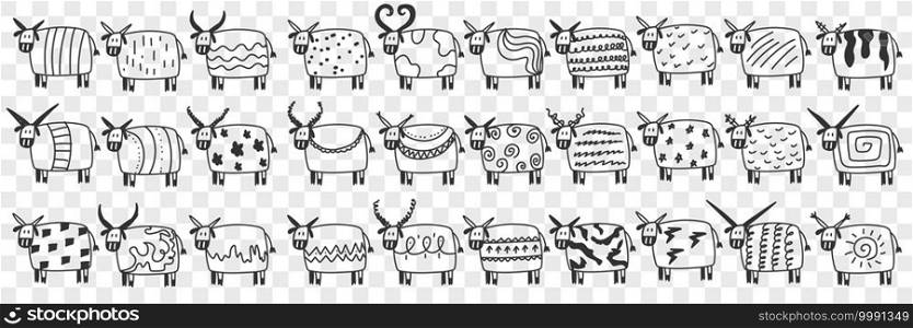 Cute cows in rows doodle set. Collection of hand drawn funny cute cows animals mammals on farm with various patterns on bodies and shapes of horns isolated on transparent background. Cute cows in rows doodle set