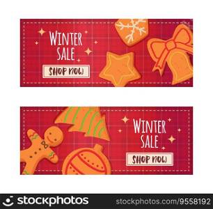Cute cozy christmas gingerbread banners with red plaid background set in realistic cartoon style Premium Vector.. Cute cozy christmas gingerbread banners with red plaid background set in realistic cartoon style Premium Vector