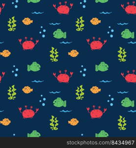 Cute Crab and fishes Seamless Pattern, Cartoon Hand Drawn Animal Doodles Vector Illustration Background .. Cute Crab and fishes Seamless Pattern, Cartoon Hand Drawn Animal Doodles Vector Illustration Background