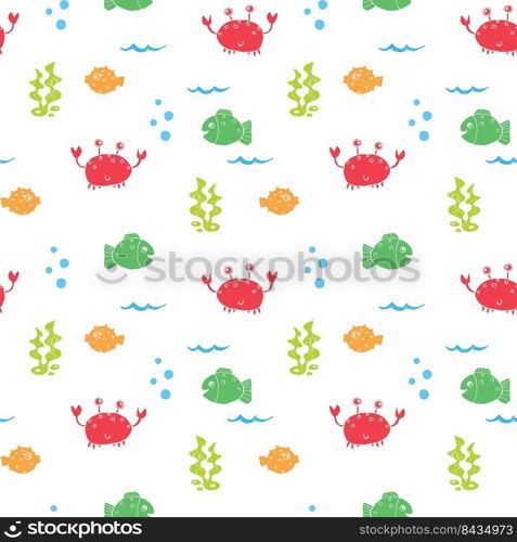 Cute Crab and fishes Seamless Pattern, Cartoon Hand Drawn Animal Doodles Vector Illustration Background .. Cute Crab and fishes Seamless Pattern, Cartoon Hand Drawn Animal Doodles Vector Illustration Background