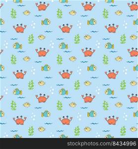Cute Crab and fishes Seamless Pattern, Cartoon Hand Drawn Animal Doodles Vector Illustration Background .. Cute Crab and fishes Seamless Pattern, Cartoon Hand Drawn Animal Doodles Vector Illustration Background