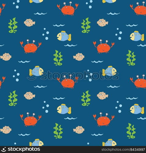 Cute Crab and fishes Seamless Pattern, Cartoon Hand Drawn Animal Doodles Vector Illustration Background .. Cute Crab and fishes Seamless Pattern, Cartoon Hand Drawn Animal Doodles Vector Illustration Background