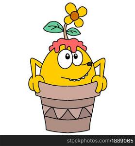cute creature is in the pot. cartoon illustration sticker mascot emoticon