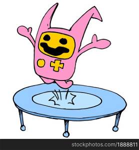cute creature is jumping on the trampoline. cartoon illustration sticker mascot emoticon