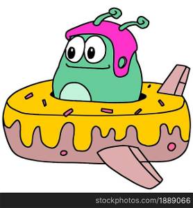 cute creature is riding on an airplane made of donuts. cartoon illustration sticker mascot emoticon