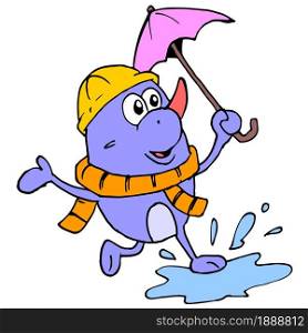 cute creature playing with rain puddle. cartoon illustration sticker mascot emoticon