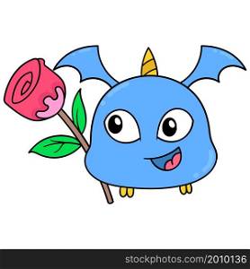 cute creature with sharp toothed wings flying with rose