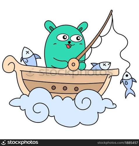 cute creatures fishing on the boat doodle kawaii. doodle icon image. cartoon caharacter cute doodle draw