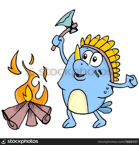 cute creatures from indian tribes are having a fire ceremony. cartoon illustration sticker emoticon