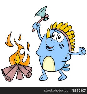 cute creatures from indian tribes are having a fire ceremony. cartoon illustration sticker emoticon